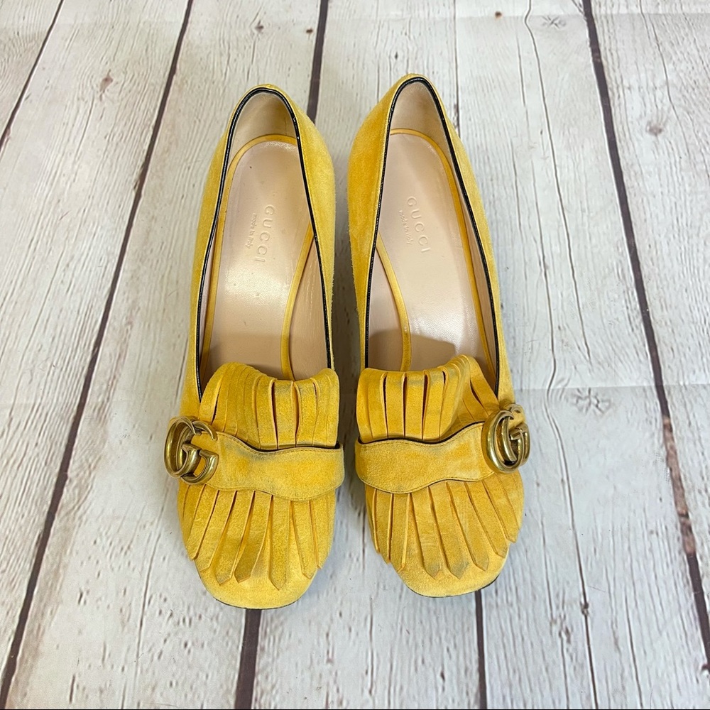 Gucci marmont double G suede fringe pumps
